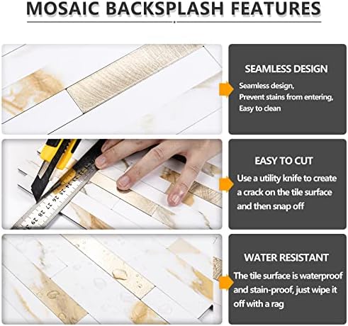 STICKGOO 20 Sheets Peel and Stick Backsplash Tile, Stick on Backsplash for Kitchen and Bathroom, Calacatta Gold Marble Look PVC Mixed Gold Self Adhesive Wall Tiles - Image 4