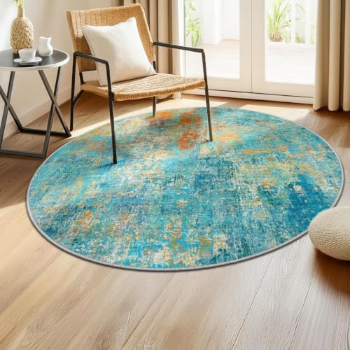 RELEANY Washable Round 4ft Area Rug for Living Room Teal Multi - Image 2