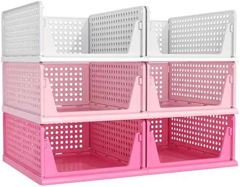 Pink Girl Closet Organizers and Storage Stackable Plastic Drawer Basket for Clothing Stackable Storage Bins Shelf Storage Container for RV Closet Wardrobe Bedroom Bathroom Playroom 6 Pack by Pinkpum