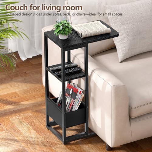C Shaped End Table, Small Side Table for Couch, Recliner, Slide Under Sofa Tray Desk Snack Tables with Storage Bag for Living Room,Bedroom, Small Spaces - Black - Image 4