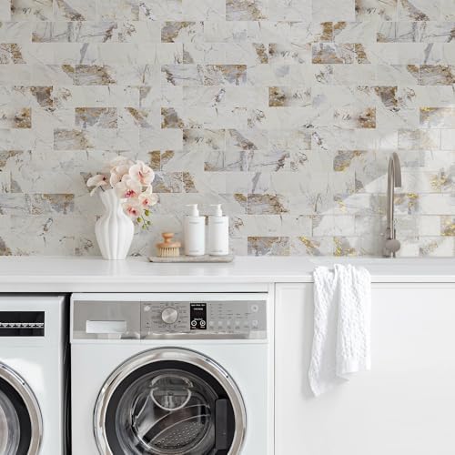 Vamos Tile 100-Piece Peel and Stick Backsplash Seamless Tile,3''x6'' Glossy Pandora Marble with Gold Veining PVC Subway Tile,Stick on Backsplash for Kitchen/Bathroom/Laundry Room - Image 3
