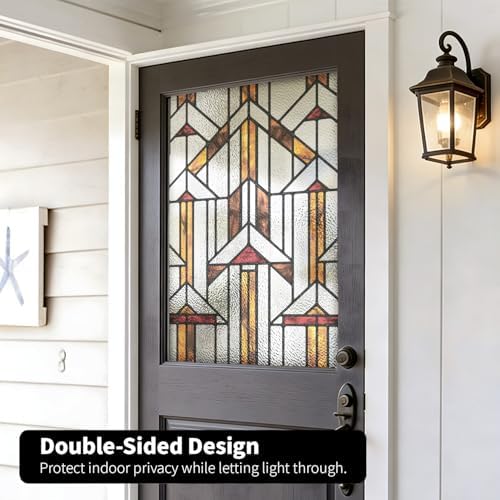 Faux Stained Glass Window Film, Decorative Window Privacy Film for Glass Decor, Static Cling Inspired by Frank Lloyd Wright, 22.83" x35.43" Hollyhock House, Boho - Image 3