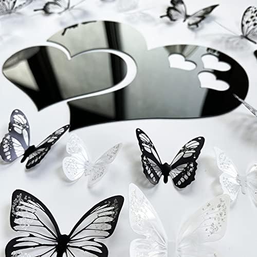 3D Crystal Butterfly and Acrylic Mirror Hearts Wall Stickers with Adhesive Art Decal Satin Paper Baby Kids Bedroom Home DIY Decor Removable Stickers (36 Butterfly and Black Heart) - Image 4