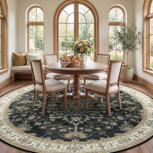 RELEANY Washable Area Rug, Round 10ft, Black/Vintage/Beige - Image 3