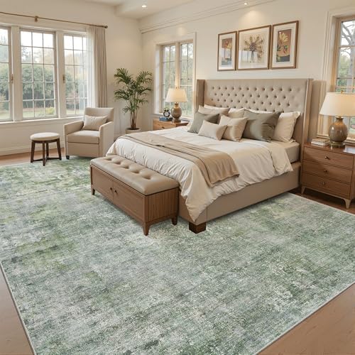 Soalmost Abstract Rug 8x10 Large Living Room Area Rugs Washable Green/Ivory - Image 3