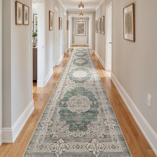 3x20 Runner Rug Washable Vintage: Non Slip Long Hallway Runners Green/Beige - Image 2