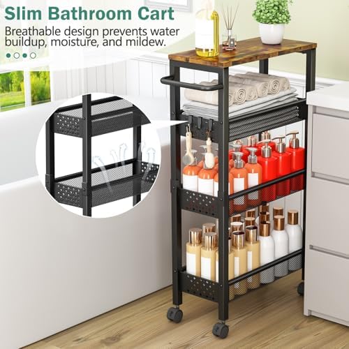 Vivihomety 4-Tier Slim Utility Rolling Laundry Cart with Wheels, Metal - Image 3