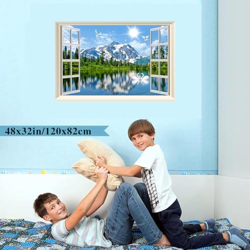 Fake Window Wall Decal- Summer Mountains Lake Open Wall Art Poster Sticker | Faux Window Blue Sky and White Clouds Natural Landscape Mural｜ Stick and Peel Decals｜for Room Decor｜48"x32",Set of 2 Sheets - Image 4