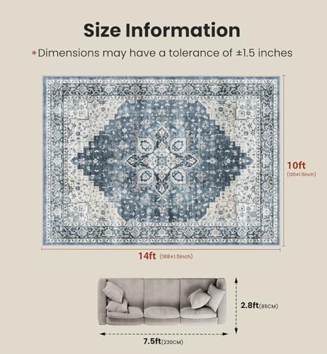 AMADA HOMEFURNISHING 10x14 Washable Area Rug, Low-Profile Large Area Rug with Non-Slip Backing & Durable Edge Binding, Vintage Large Rugs for Living Room, Bedroom & Dinning Room - Image 2
