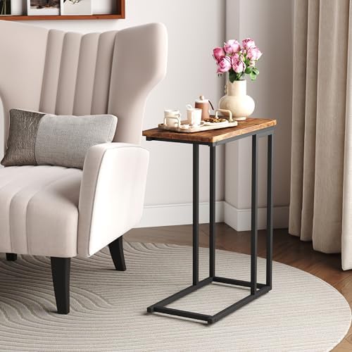Yusong C Shaped End Table - Slide Under Sofa Couch Bed, Small Table for Small Spaces, Skinny Overbed, Coffee Drink Snack Table for Living Room, Rustic Brown - Image 4