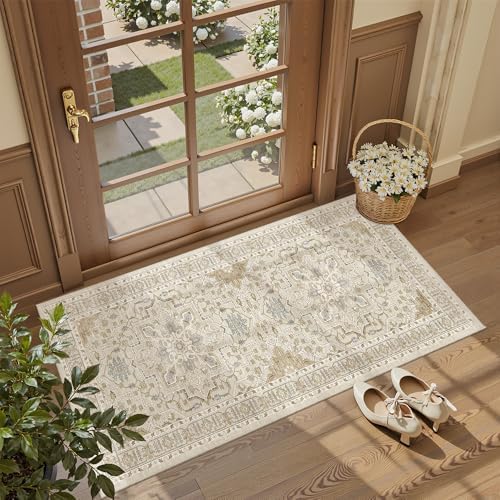 Madane Washable Area Rug 2x4, Small Entryway Rugs Non-Slip, Beige/Blue - Image 2