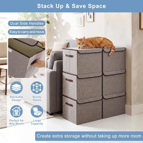 Bagnizer Large 17" 42 Quarts Collapsible Stackable Storage Bins with Lids [3-Pack] Foldable Fabric Linen Storage Boxes Cube, Closet Organizer Baskets with Label for Home (16.7 x 12 x 12, Gray) - Image 5