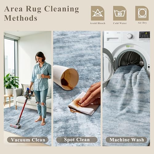 3x10 Ft Long Wide Hallway Runner Rug – Non-Slip Washable Wide Kitchen Runner, Low-Pile Thin Modern Abstract Floor Rug for Indoor Entryway, Bedroom, Living Room (Blue Grey) - Image 6