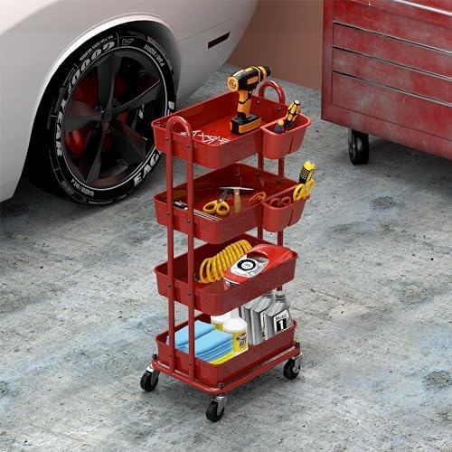 Simple Houseware 4-Tier Rolling Utility Cart with Hanging Bucket, Red - Image 5