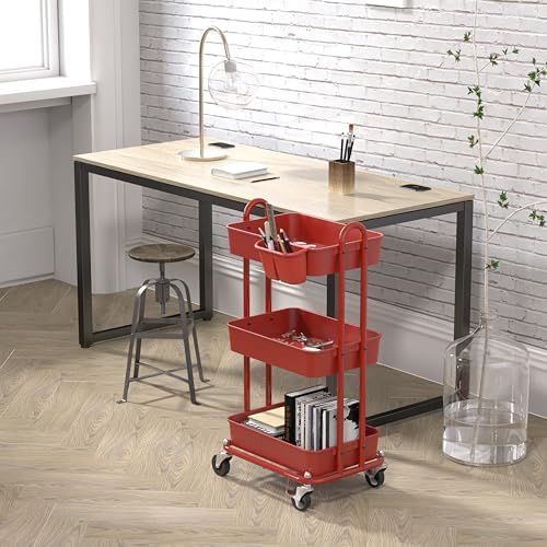Simple Houseware 3-Tier Rolling Utility Cart with Hanging Bucket, Red - Image 3