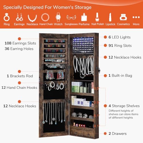 GISSAR Full Length Mirror Jewelry Cabinet, 6 LEDs Jewelry Armoire Wall Mounted Over The Door Hanging, Jewelry Organizer Storage with Lights Lockable, Vintage Brown, 14.6" x 47.2" - Image 4
