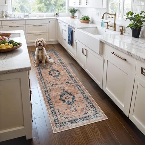 Hallway Washable Runner Rug - 2x7 Kitchen Rugs Entryway Rug Runner Vintage Soft Floor Mat Non Slip Indoor Farmhouse Carpet for Bathroom Living Room Bedroom (2 X 7, Orange) by HYHAOYUNLAI
