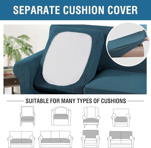 H.VERSAILTEX 4 Piece Stretch Sofa Covers for 3 Cushion Couch Covers for Living Room Furniture Slipcovers (Base Cover Plus 3 Seat Cushion Covers) Thicker Jacquard Fabric (Large Sofa, Deep Teal) - Image 5