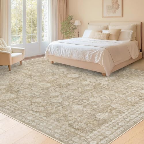 9x12 Area Rugs for Living Room: Washable Large Vintage Floral Rug Low Pile Non-Slip Boho Carpet for Bedroom Home Office Dining Room (Brown, 9'x12') - Image 2