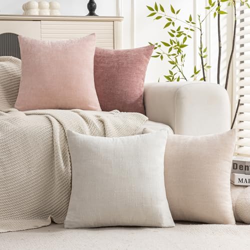 Set of 4 Soft Textured Decorative Throw Pillow Covers 16x16 Inch Cozy Farmhouse Cushion Cover Square Accent Pillow Cases for Bed Couch Sofa Living Room, White Beige Pink - Image 2
