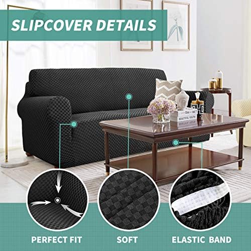 YEMYHOM Couch Cover Latest Jacquard Design High Stretch Sofa Covers for 3 Cushion Couch, Pet Dog Cat Proof Slipcover Non Slip Magic Elastic Furniture Protector (Large, Black Checkered) - Image 3