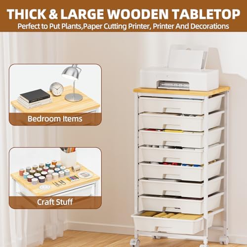 8 Drawer Rolling Storage Cart with Wooden Tabletop & Lockable Wheels - Image 5