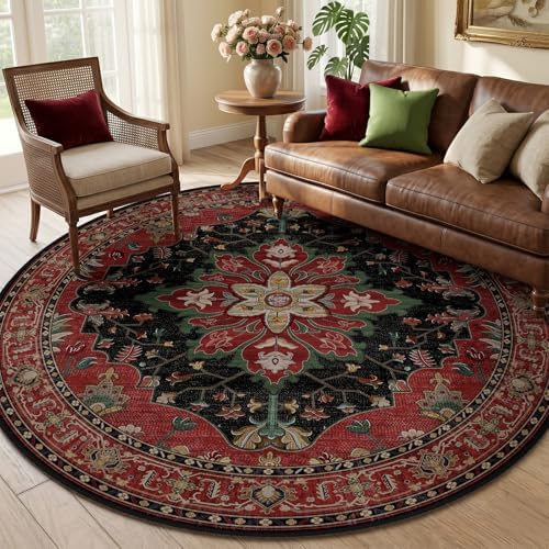 RELEANY Washable Area Rug, Round 6ft, Red/Black by RELEANY