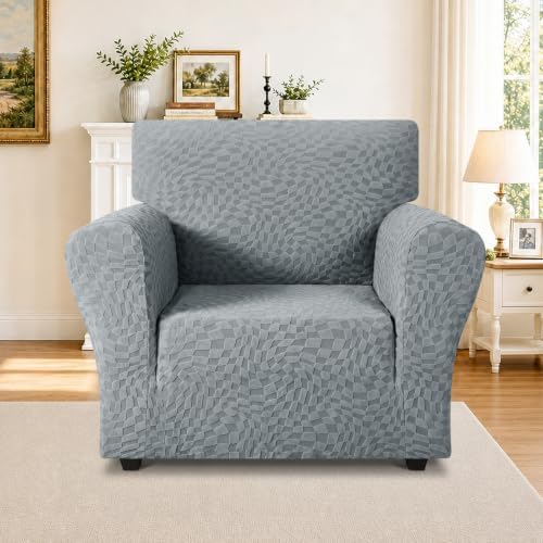 ZNSAYOTX 1 Piece Stretch Chair Cover with Arms (34"-44"), New Plaid Armchair Cover with Elastic Band for Living Room, Ultimate Soft Cozy Washable Chair Slipcover Form Fit Protector, Light Grey - Image 2