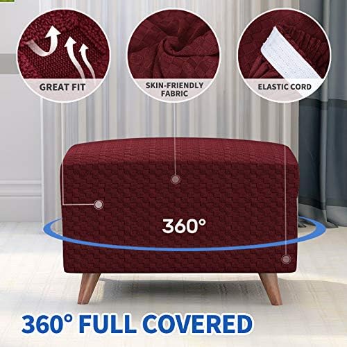 MAXIJIN Jacquard Ottoman Cover Slipcovers Folding Storage Stool Furniture Protector Cover Soft Thick Rectangle Foot Rest Slipcover with Elastic Bottom (Ottoman X-Large, Wine Red) - Image 3