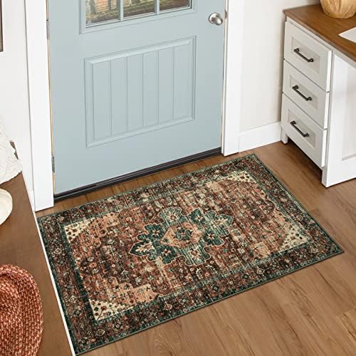 Moynesa Washable Vintage Bathroom Rug, Small Area Rug 2x3 Entryway Rug Indoor Door Mat, Boho Kitchen Rugs Non Skid Non Slip, Non-Shedding Ultra-Thin Oriental Throw Carpet for Bedroom Decor by Moynesa