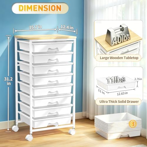 SUNALLY Rolling Cart With 8 Drawers,Storage Drawer Cart for Craft Art,White - Image 2