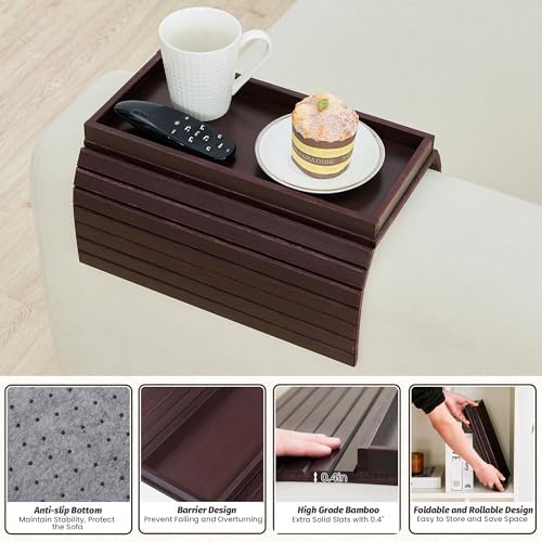 GEHE Bamboo Sofa Arm Tray, Foldable Couch Arm Tray Side Table, Anti-Falling Armrest Tables Cup Holder for Snacks, Drinks, Beers, Phone, Control, Flexible and Portable, Anti-Slip - Image 5