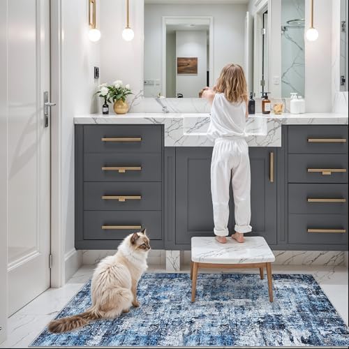 2x5 Washable Kitchen Runner Rug – Non-Slip Rubber Backing Low-Pile Soft Small Rug for Hallway Bathroom Bedroom Entryway Laundry Room – Modern Neutral Abstract Thin (Navy Blue) - Image 3