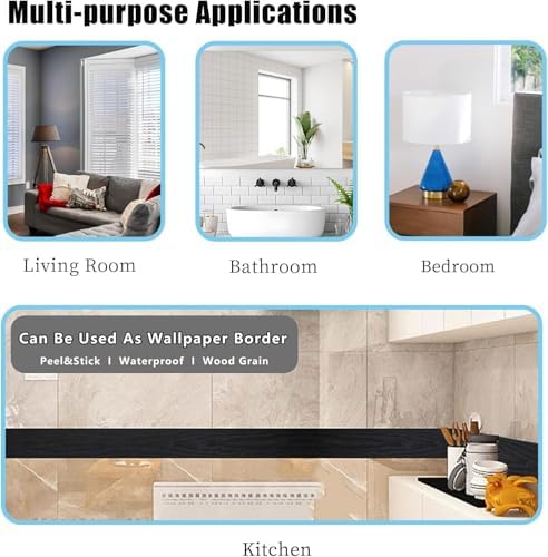 Teemall 10M Black Wood Grain Removable PVC Waterproof Border Wall Decor Removable Self Adhesive Kitchen Bathroom Tiles Sticker Wallpaper 4.2x390 (Black, 2" x 390") - Image 6