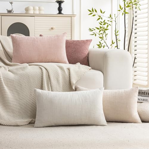 Set of 4 Soft Textured Decorative Throw Pillow Covers 12X20 Inch Cozy Farmhouse Cushion Cover Square Accent Pillow Cases for Bed Couch Sofa Living Room, White Beige Pink by Cozoomy