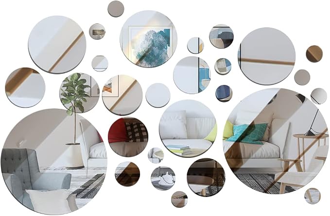 32 Pcs Acrylic Mirror Wall Stickers, Removable Wall Decal Mirror Set, Bathroom Wall Sticker Art, Circle Ceiling Mirrors for Bedroom, Home, Living Room, Sofa TV Background Decor (Large) by DIBALIYI