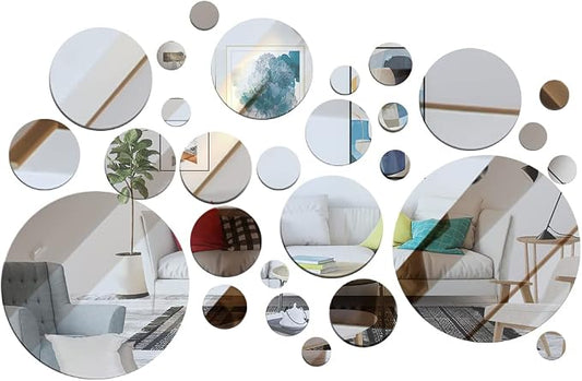 32 Pcs Acrylic Mirror Wall Stickers, Removable Wall Decal Mirror Set, Bathroom Wall Sticker Art, Circle Ceiling Mirrors for Bedroom, Home, Living Room, Sofa TV Background Decor (Large) by DIBALIYI