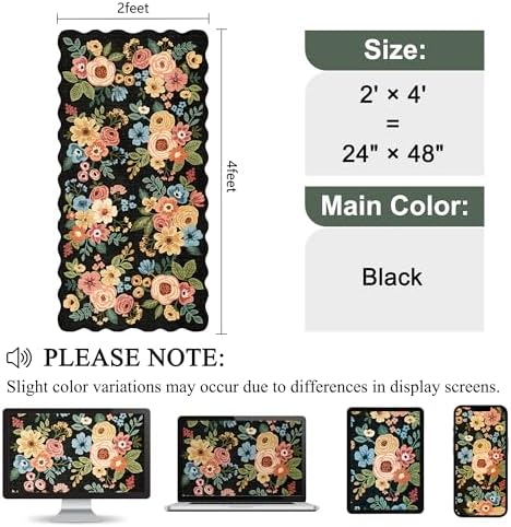 DUKINO 2x4 Rug for Entryway, Floral Washable Kitchen Rugs Non Slip, Black - Image 2