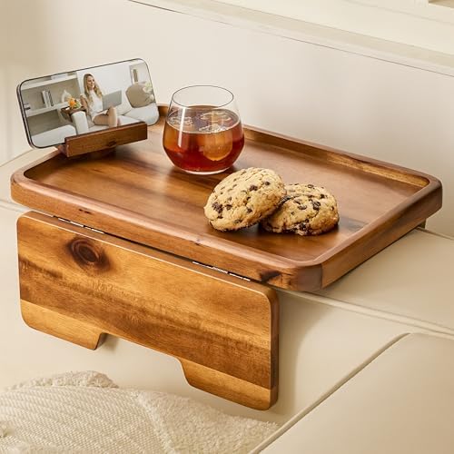 HOLANA 15.75" Acacia Couch Arm Tray with Phone Holder, Natural Wood Color by HOLANA