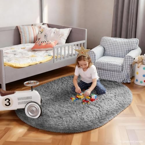 Ophanie 3x5 Oval Rug, Bedside Preppy Dorm Area Rug, College Essentials Non Slip Grey Small Carpets for Bedroom, Anti Slip Fluffy Gray Living Room Rugs Decor, Nursery with Over 99 pcs Pile fibers - Image 3