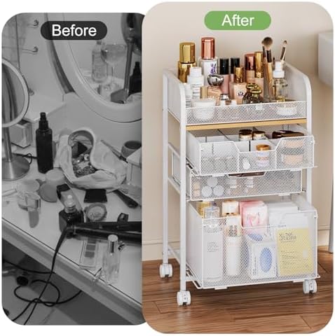 Hongtamoya Makeup Organizer Cart with Drawers, Floor Skincare Organizers Make Up Organizers Vanity Organizer Cosmetic Display Cases Holder for Skin Care Perfume Nail Polish Brush Hair Tool, White - Image 5