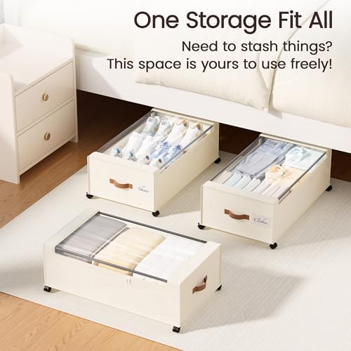 Yecaye 95L Under Bed Storage Containers, Fits 11" Under Bed, 2 Pack, Beige - Image 5