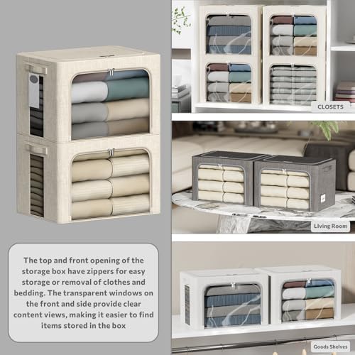 4 Pack Clothes Storage Bins with Metal Frame - 66L Stackable Storage Box with Lid，Foldable Storage Container Organizer for Clothes，Linen Fabric Storage Box with Clear Window＆Zippers＆Handles - Image 2