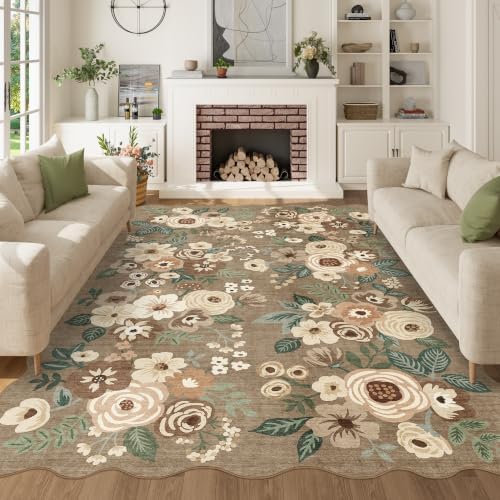 DUKINO 6x9 Area Rugs, Floral Washable Living Room Rug Non Slip, Light Taupe by DUKINO