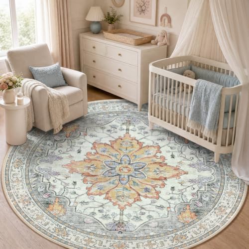 RELEANY Washable Area Rug, Round 5ft, Beige/Carbon Grey/Orange by RELEANY