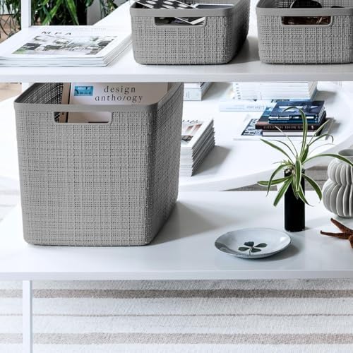 Curver Set of 4 Large Cube 17L Jute Decorative Plastic Organization and Storage Baskets - Perfect Bins for Home Office, Closet Shelves, Kitchen Pantry and All Bedroom Essentials, Grey - Image 4