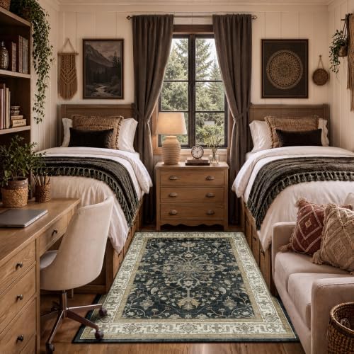 RELEANY Washable Area Rug, 4'x6', Black/Vintage/Beige by RELEANY