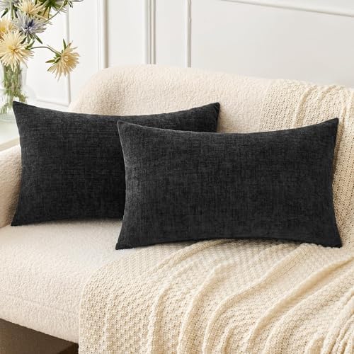 MIULEE Soft Chenille Lumbar Throw Pillow Covers Black 12x20 Inch Pack of 2 by MIULEE