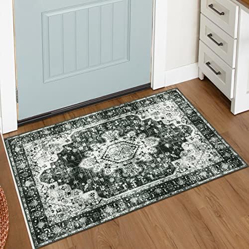 Moynesa Washable 2x3 Entryway Rug Small Front Door Mat, Black and White Kitchen Rugs Non Skid Non-Slip with Rubber Backing, Distressed Low Pile Throw Carpet for Indoor Outside Entrance by Moynesa