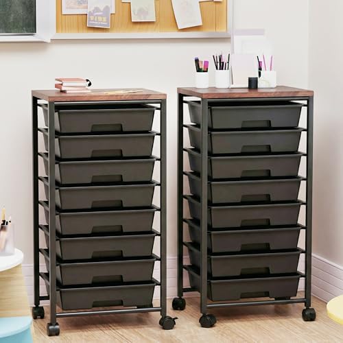 Rolling Cart with 8 Drawers, Storage Drawers Cart with Wooden Tabletop and Lockable Wheels, Craft Storage for Living Room, Office, Classroom, Craft Room, Bedroom (Black) - Image 5